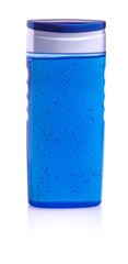 Blue shampoo bottle on white