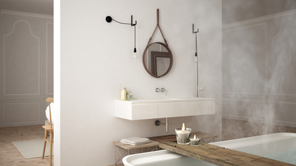 Scandinavian bathroom, white minimalistic design, hotel spa reso