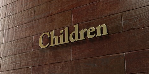 Children - Bronze plaque mounted on maple wood wall  - 3D rendered royalty free stock picture. This image can be used for an online website banner ad or a print postcard.