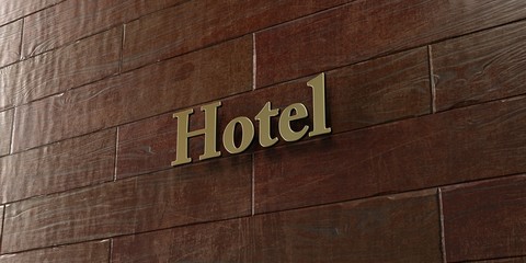 Hotel - Bronze plaque mounted on maple wood wall  - 3D rendered royalty free stock picture. This image can be used for an online website banner ad or a print postcard.
