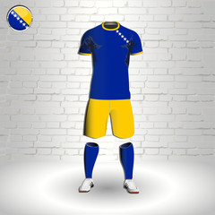 eps 10 vector football Bosnia and Herzegovina team player uniform template. National colors sportwear. Bosnian and Herzegovian flag button chrome ring. Brick wall background