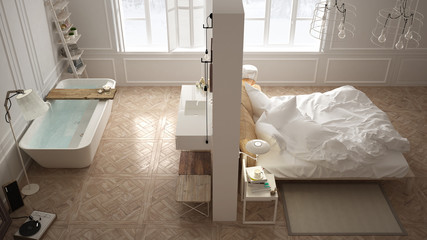 Fototapeta na wymiar Scandinavian bathroom and bedroom, white minimalistic design, ho