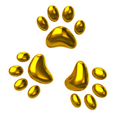 3d illustration of three golden animal paws isolated on white