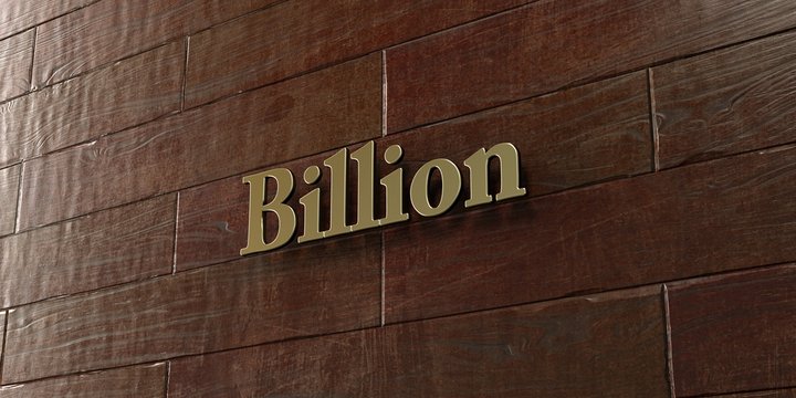 Billion - Bronze plaque mounted on maple wood wall  - 3D rendered royalty free stock picture. This image can be used for an online website banner ad or a print postcard.