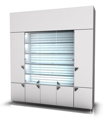 Empty cabinet with glass showcase and lighting. 3d illustration.