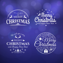 Vector set of badges and labels with title "Merry Christmas" and "Happy New Year". Christmas decoration elements with holiday symbols (tree, snowflakes, deer, gift).