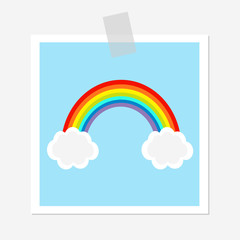 Rainbow and two white clouds. LGBT sign symbol. Flat design. Blue sky background. Greeting card. Adhesive transparency tape.