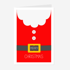 Santa Claus Coat, button and yellow belt. Big beard, fur. Merry Christmas greeting card. Red background. Flat design