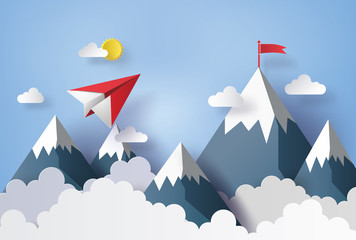 Paper Airplane Flying Through the Mountains and Clouds