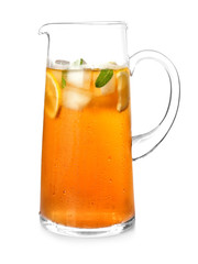 Glass jug of iced tea with lemon slices and mint on white background