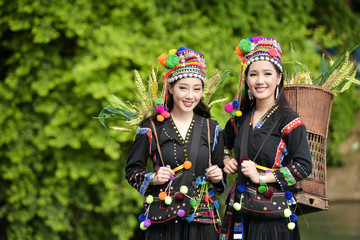 Hmong hill tribe people dressed in costumes, a beautiful city in Laos.