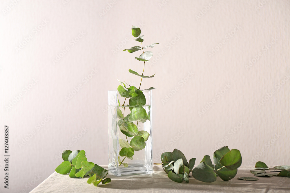 Poster green eucalyptus branch in vase on table