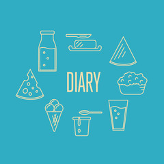 Dairy banner with milk products composition isolated on blue, vector illustration. Healthy nutritious concept with butter, ice cream, milk, yoghurt, cheese, kefir. Organic farming. Natural food