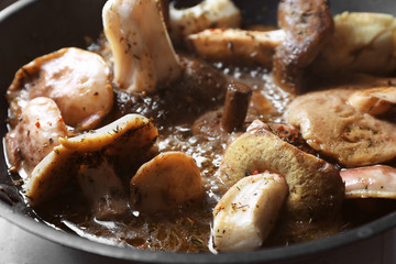 Preparation of delicious mushrooms, closeup