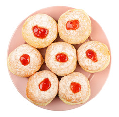 Plate with tasty donuts on white background. Hanukkah celebration concept
