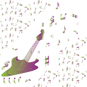 Creative guitar with notes. Wallpaper design for the music Studio. Vector. Guitar green with purple. Pattern in the background.