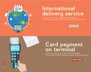 Card payment on terminal and international delivery service banner. One page web design.