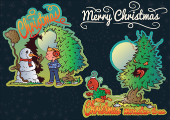 Illustration of snowman, little girl and angry Christmas tree character