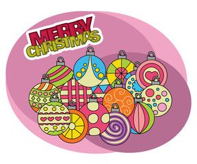Merry Christmas background design with decoration balls elements. Greeting card doodle vector illustration with lettering. Retro colors.