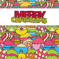 Merry Christmas background design with decoration balls elements. Greeting card doodle vector illustration with lettering. Retro colors.