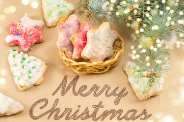 Merry Christmas card with decorated cookies