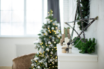 Fototapeta na wymiar Christmas interior eco style bokeh