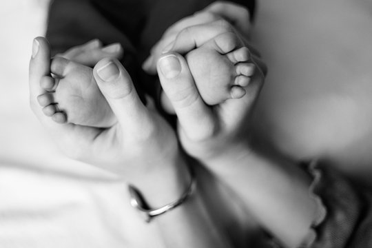 The parent hands holding small baby's feet, close-up, black-and-white photo.