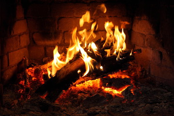 fireplace with burning firewood/ fireplace with burning firewood