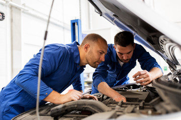 Fototapeta mechanic men with wrench repairing car at workshop obraz