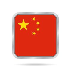 Flag of China. Shiny metallic gray square button.