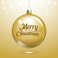 Golden christmas ball on snowflakes and lights bokeh background