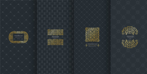 Collection of design elements,labels,icon,frames, for packaging,design of luxury products.Made with golden foil.Isolated on black background. vector illustration
