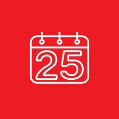Calendar with number 25 line icon, outline vector sign, linear pictogram isolated on red. logo illustration