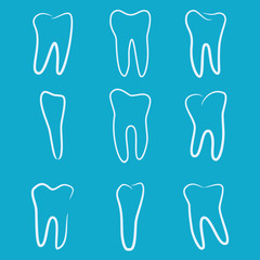 Human teeth icons set isolated on blue background for dental medicine clinic. Linear dentist logo. Vector