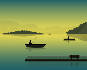 landscape with the silhouette of fishermen in a boat at sunset, mountains and forests