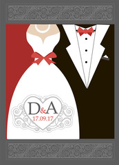 bride and groom Wedding invitation Red Black White. Wedding logo with initials. Frame in the shape of heart. Vintage style