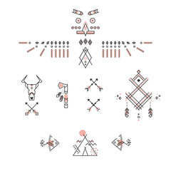 Set of american indian symbols. Stylized linear design. Vector totem, buffalo skull, tomahawk, wigwam, arrows and fishes