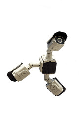  Three security cctv cameras on white background. Isolated