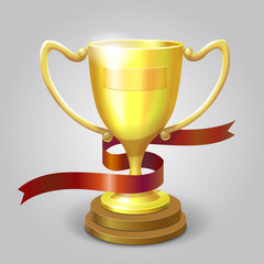 Golden metallic trophy cup first place winner award vector illustration