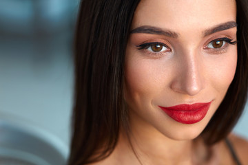 Woman With Beauty Face And Beautiful Makeup And Sexy Red Lips
