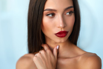 Fashion Model Girl With Beauty Face, Beautiful Makeup, Red Lips