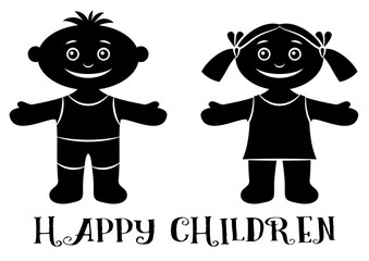 Cartoon People, Set of Happy Children, Funny Little Boy and Girl, Standing with Arms Wide Open and Smiling, Black Silhouette Isolated on White Background. Vector