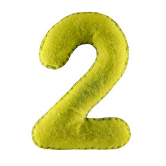 Number 2. Hand made number Two from green felt. Set of numbers from colorful felt isolated on white...