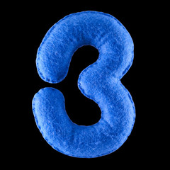 Number 3. Hand made number Three from blue felt. Set of numbers from colorful felt isolated on black background