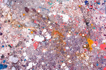 Colorful paint drops realistic texture blue magenta tones background - Old industrial board rusty and weathered with different color splash - Natural art design wall