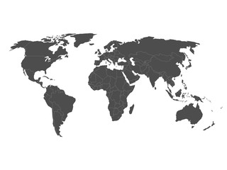 Blank vector world map with sovereign countries and larger dependent territories. Every state is a group of objects in dark grey color with white borders. South Sudan included.