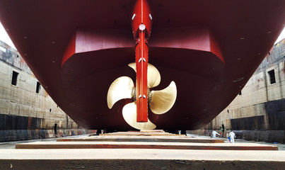 stern and propeller in refitting at drydock