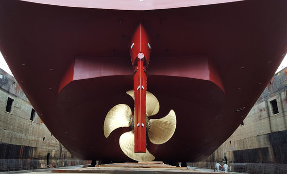 stern and propeller in refitting at drydock
