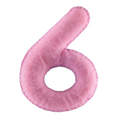 Number 6. Hand made number Six from pink felt. Set of numbers from colorful felt isolated on white...