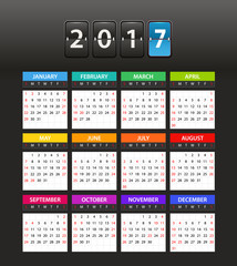2017 year color calendar template. Flat design template